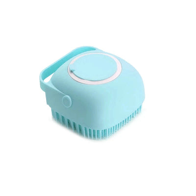 Silicone pet massager bath brush with built-in shampoo dispenser for dogs and cats, featuring soft bristles for grooming and deep cleaning.