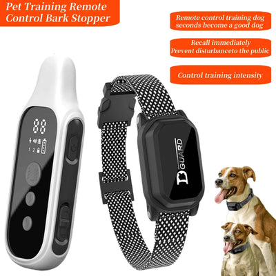 Black GPS waterproof dog collar with long-range remote controller, adjustable nylon strap, and beep + vibration training features