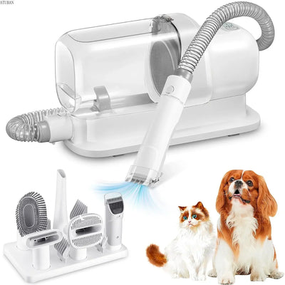 Dog grooming vacuum with pet grooming kit including clippers, brushes, and deshedding tools designed for low-noise pet grooming and fur collection