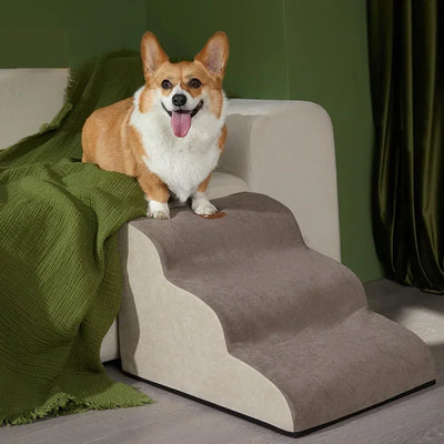 Soft foam pet stairs with non-slip cover, designed for medium and large dogs to reach high beds and sofas