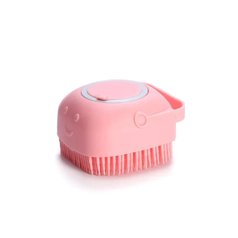 Silicone pet massager bath brush with built-in shampoo dispenser for dogs and cats, featuring soft bristles for grooming and deep cleaning.