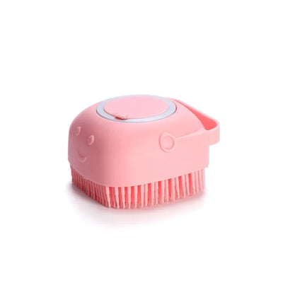 Silicone pet massager bath brush with built-in shampoo dispenser for dogs and cats, featuring soft bristles for grooming and deep cleaning.