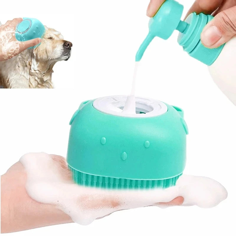 Silicone pet massager bath brush with built-in shampoo dispenser for dogs and cats, featuring soft bristles for grooming and deep cleaning