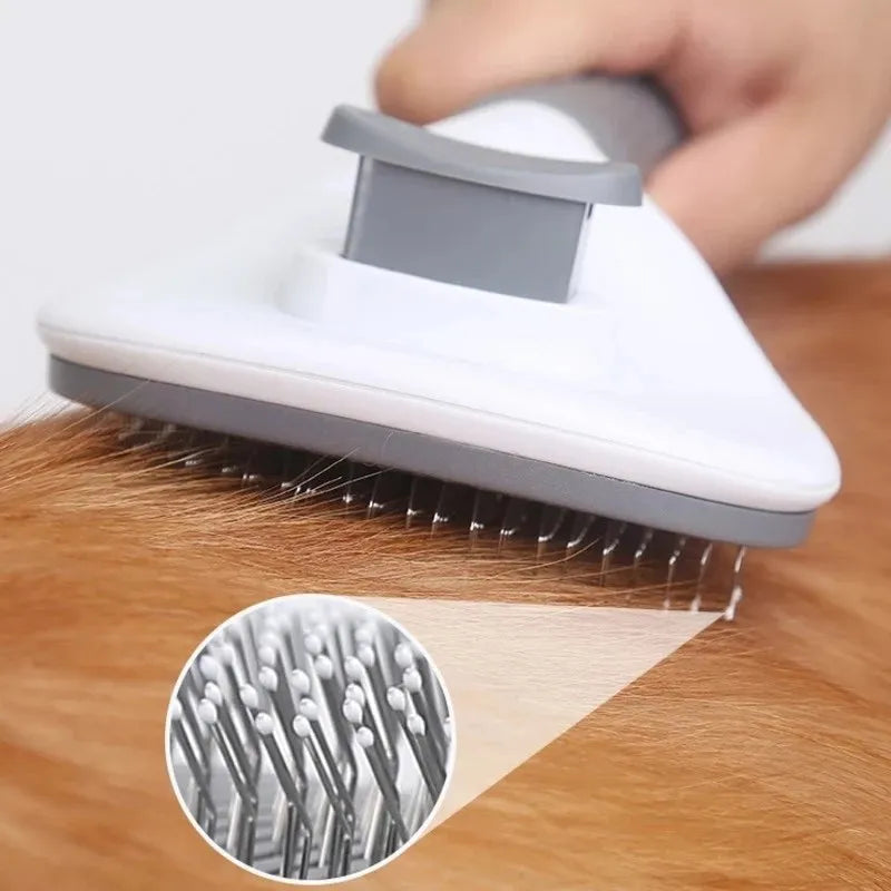 Soft rubber pet hair brush removing loose fur from a dog’s short coat