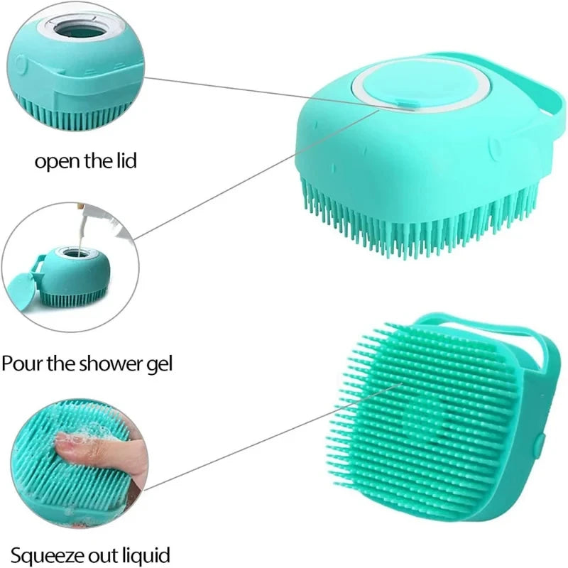 Silicone pet massager bath brush with built-in shampoo dispenser for dogs and cats, featuring soft bristles for grooming and deep cleaning.