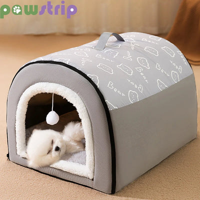 Detachable warm dog kennel with plush interior, foldable frame, and waterproof anti-slip base for small to large dogs