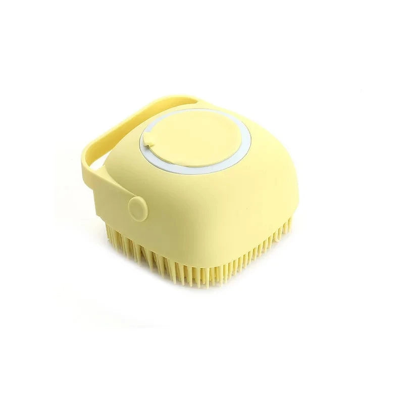 Silicone pet massager bath brush with built-in shampoo dispenser for dogs and cats, featuring soft bristles for grooming and deep cleaning.