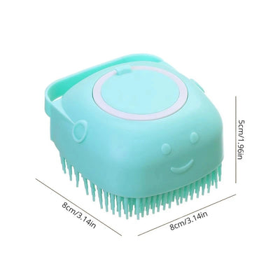 Silicone pet massager bath brush with built-in shampoo dispenser for dogs and cats, featuring soft bristles for grooming and deep cleaning.